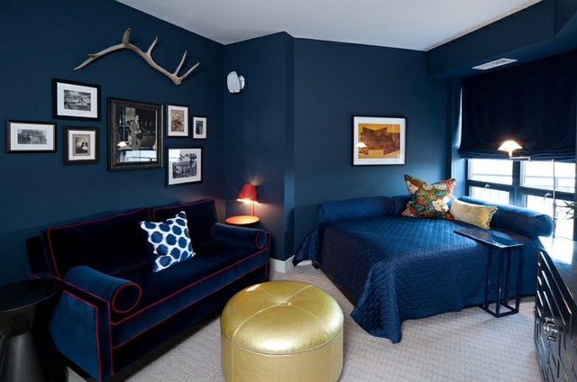 bedroom bed wall blue dark pouf gold