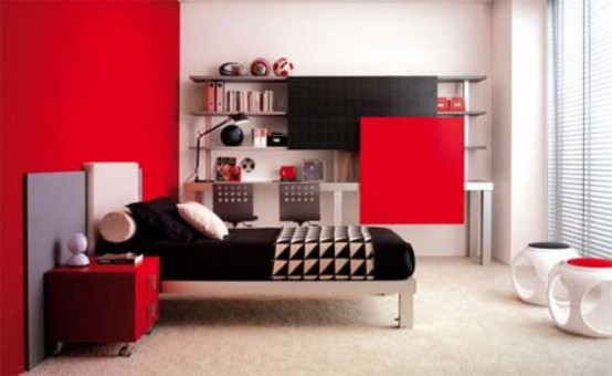 modern bedroom red painted walls