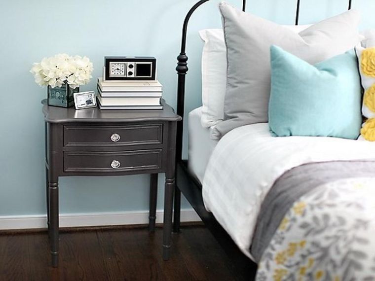 gray room and light blue bedside table vntage gray paint blue wall