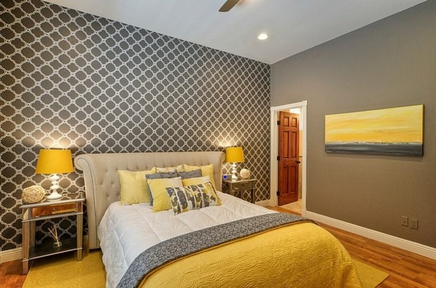 gray room and yellow design