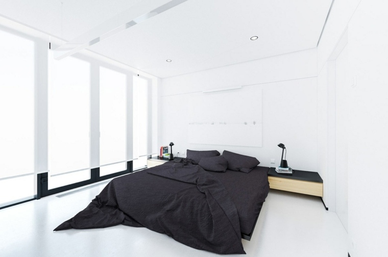 interior design bedroom modern bed black sheets bedside table