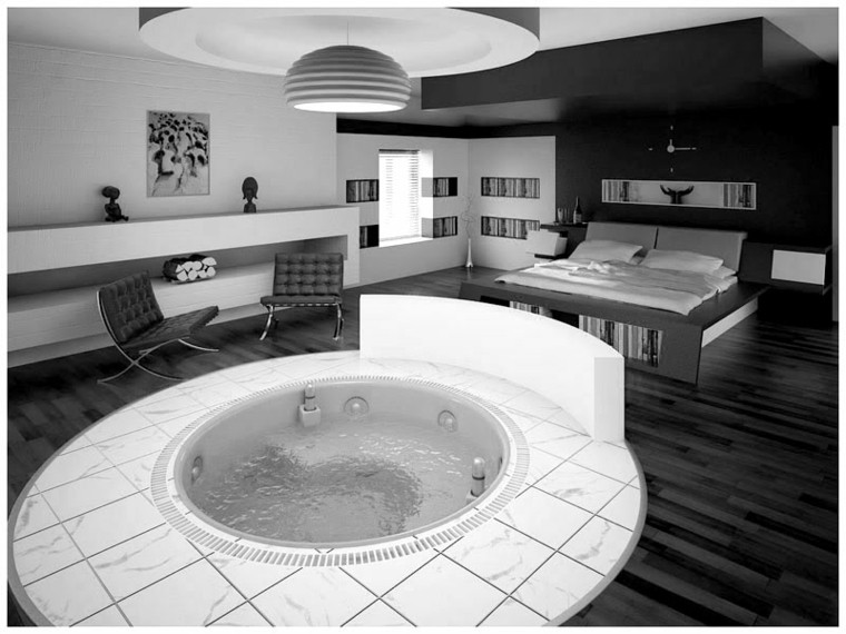 bedroom white black deco idea jacuzzi indoor lighting fixture suspension armchair