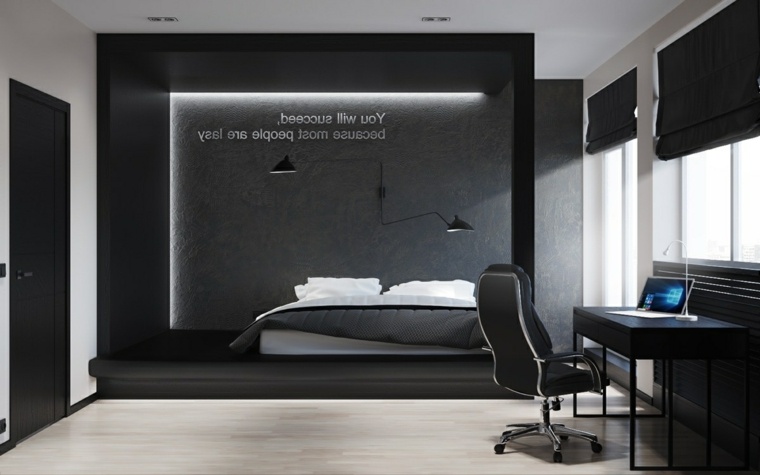 modern interior idea bedroom black bed frame headboard ergonomic chair