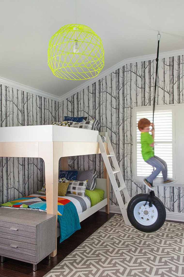 kids room loft bed gray floor mats wallpaper