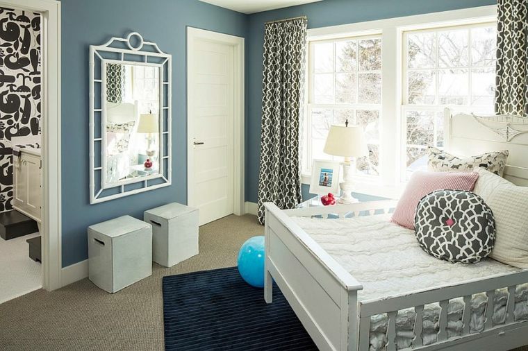 bedroom child curtains black white mirror frame wood floor rug blue cushions ideas