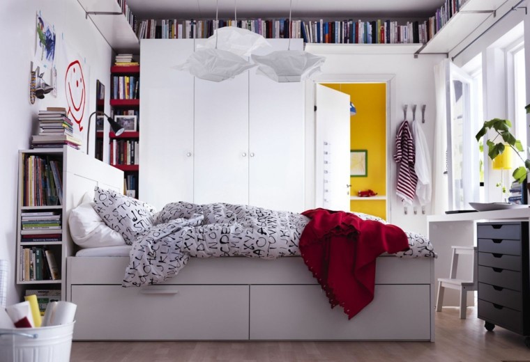 headboard white wood lacquered idea storage room bookcase books modern fixtures suspension