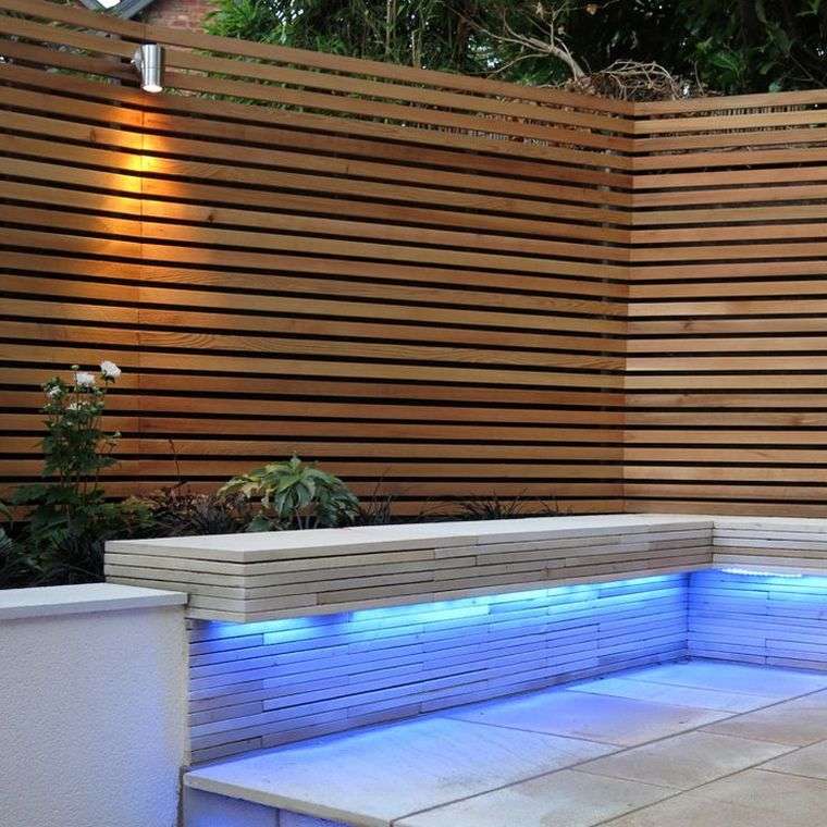 wooden garden fence cedar-boards-bench-led-lighting