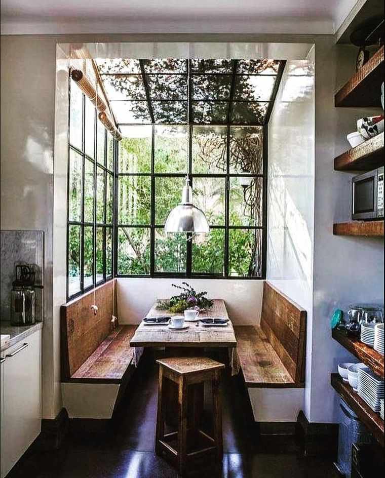 dining area small kitchen-bench-wood-table-rustic