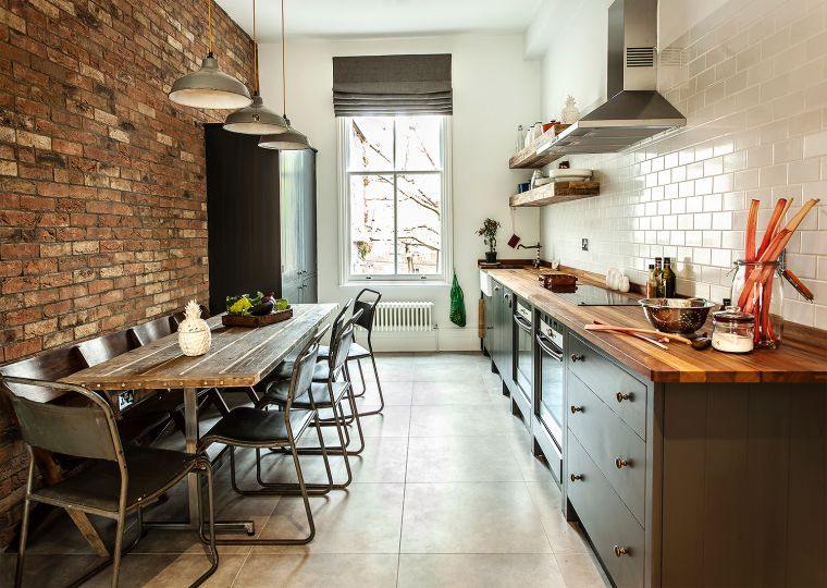 how to arrange a kitchen in length dining area table rustic red bricks