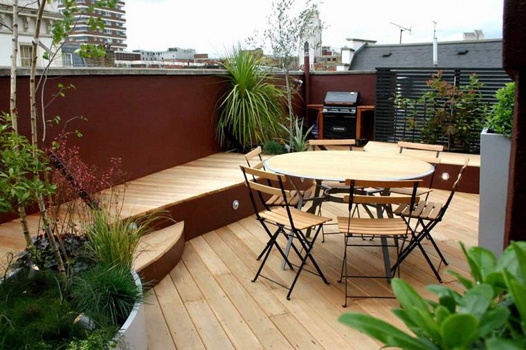 wooden deck terrace idea furniture round table chairs deco plant