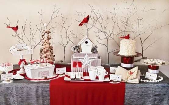 Decorated corner of the house composition white red gray tablecloth