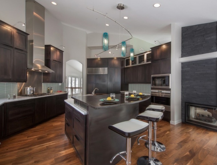 kitchen counter idea interior design gray modern stool extractor hood