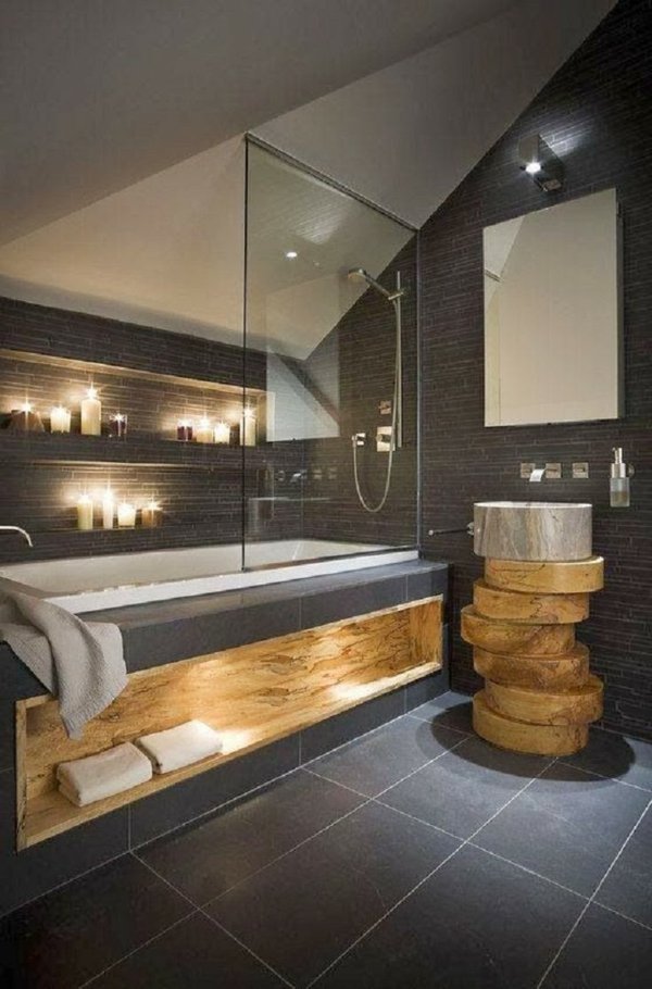 Unique dark and singular wood bathroom cabinet