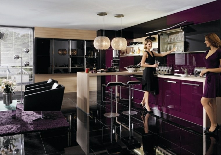 luxury kitchen design aubergine color black tile lamp suspension