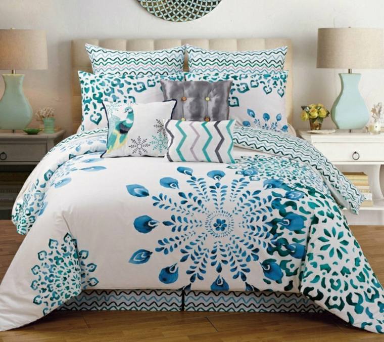 color blue duck on linen bed white bedroom modern chic