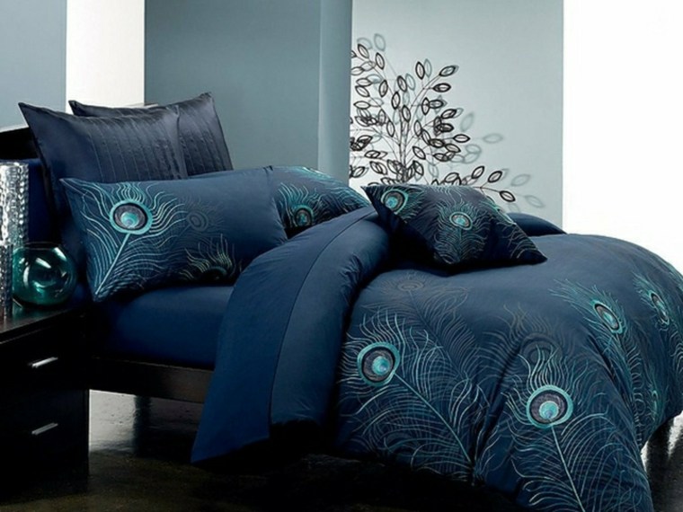color blue duck on bed linen dark blue