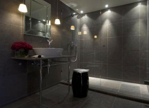 gray color wall stone floor male bathroom