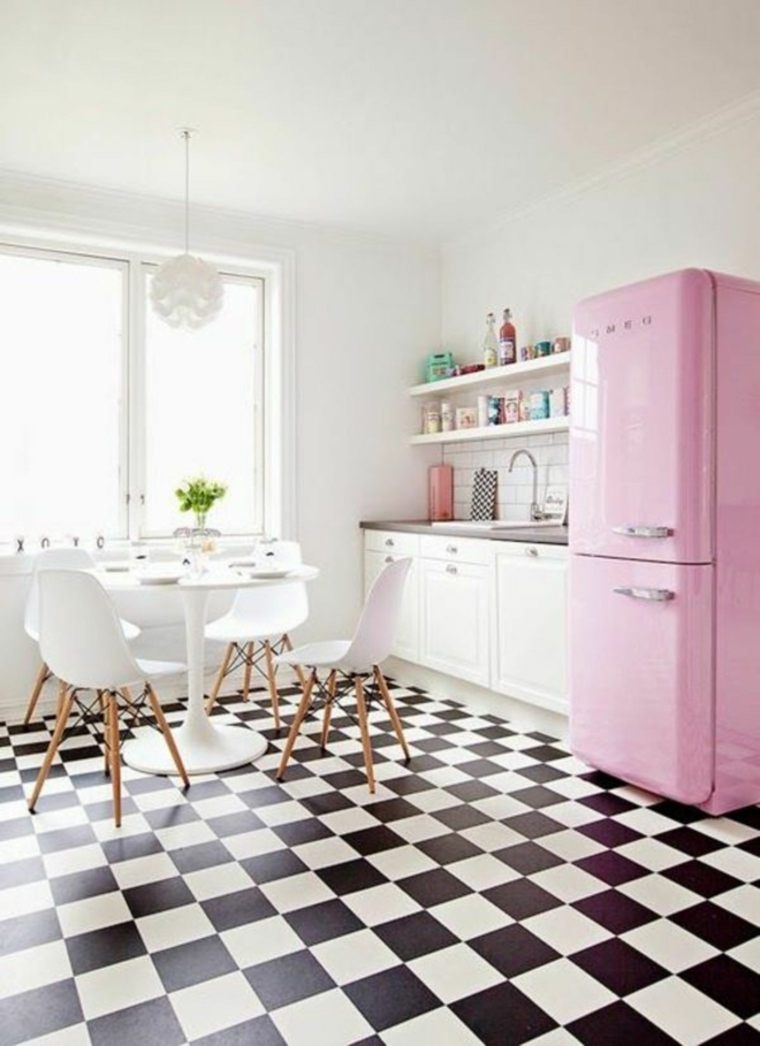 kitchen black and white tiling fridge pink trend idea