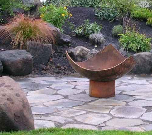 cup bowl triangle basin metal rust slab paving fire garden