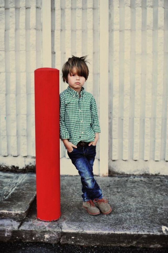 boy little hipster medium long hair original jeans stylish shirt