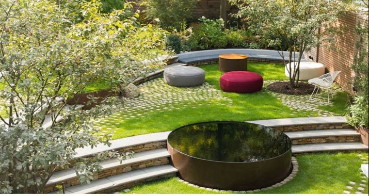 kolam landskap luar lanskap'eau tendance pouf jardin idée escalier pierre