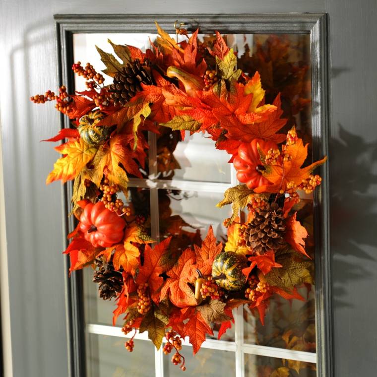 decorate autumn door entry crown leaves dead pine cones