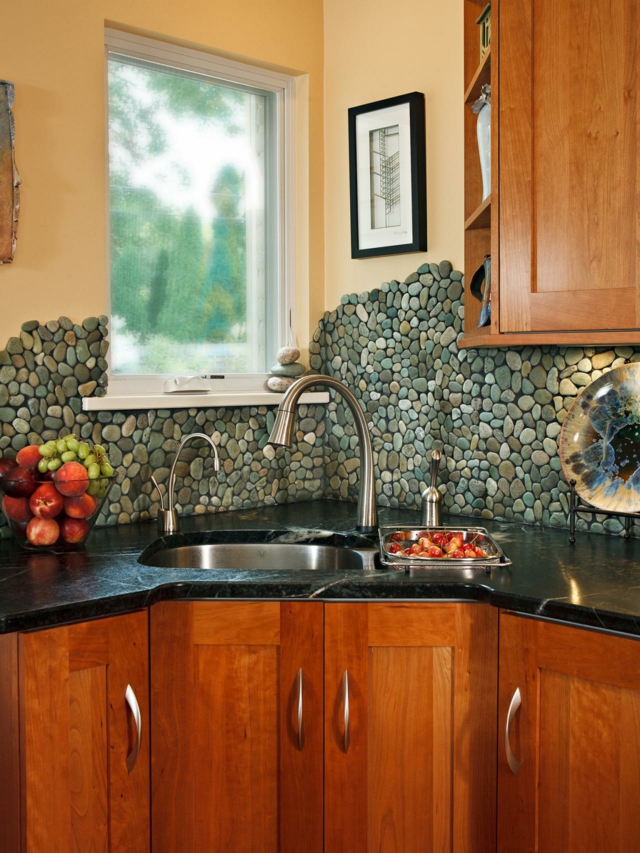 rustic credenza with pebbles