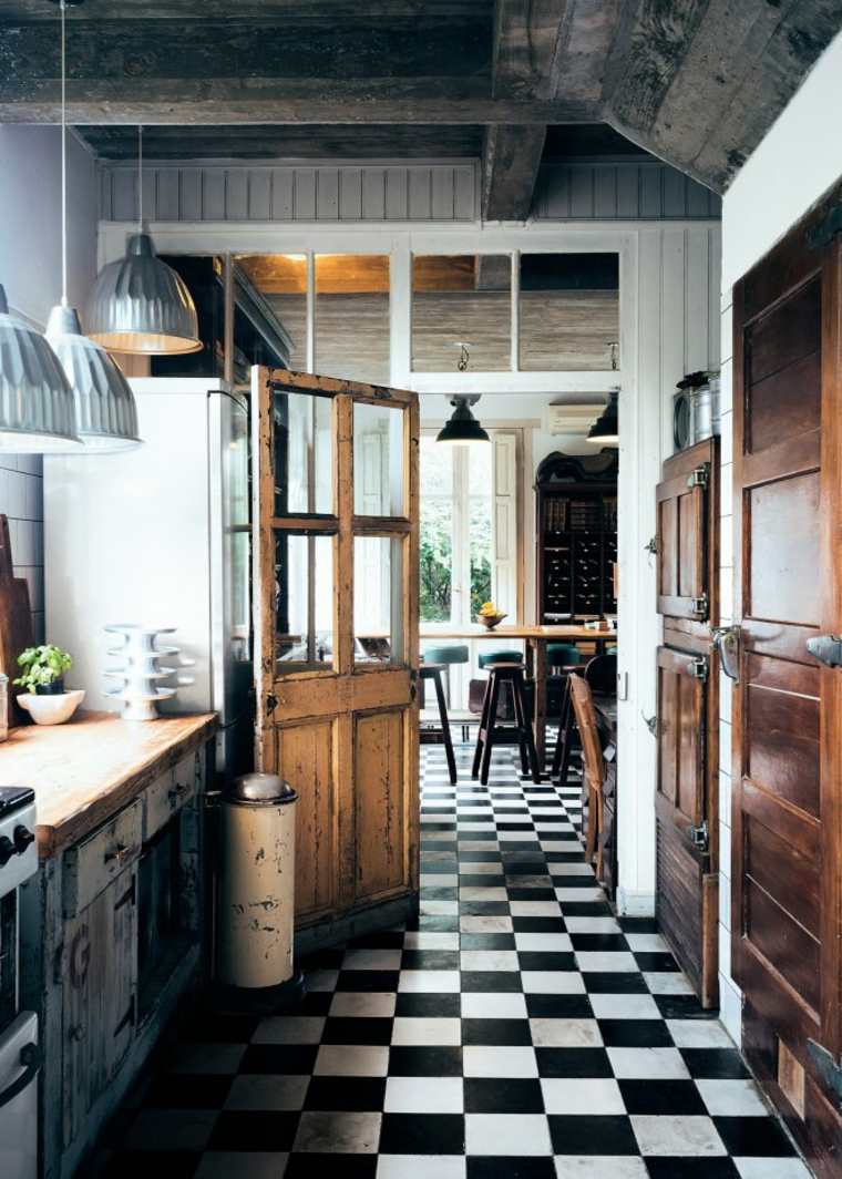 retro modern kitchen idea tile black and white hanging wood fixture