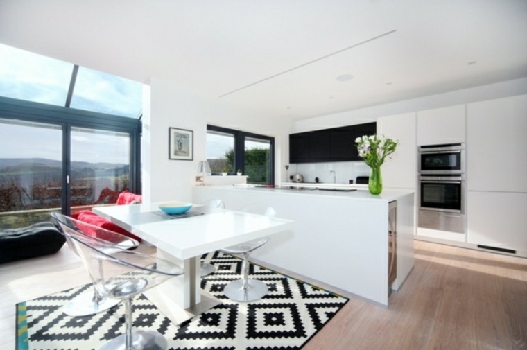 kitchen with bar design arrangement white table stool floor mat black and white island