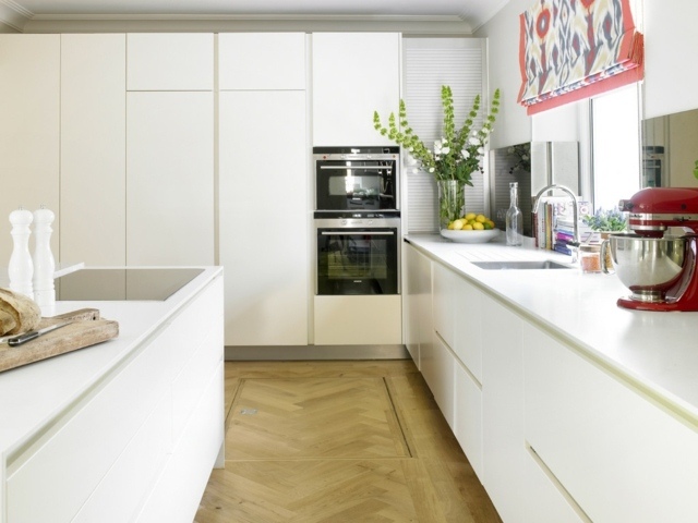 white kitchen design parquet wood modern island