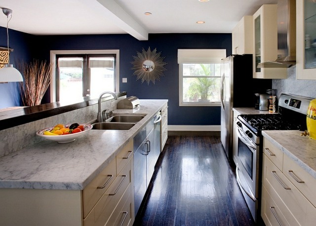 kitchen white dark blue marble carrara