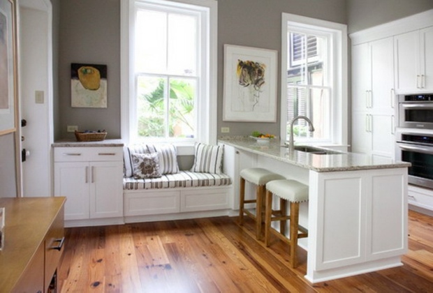 white kitchen with parquet floor