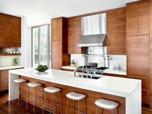 white kitchen and wood predominance wood