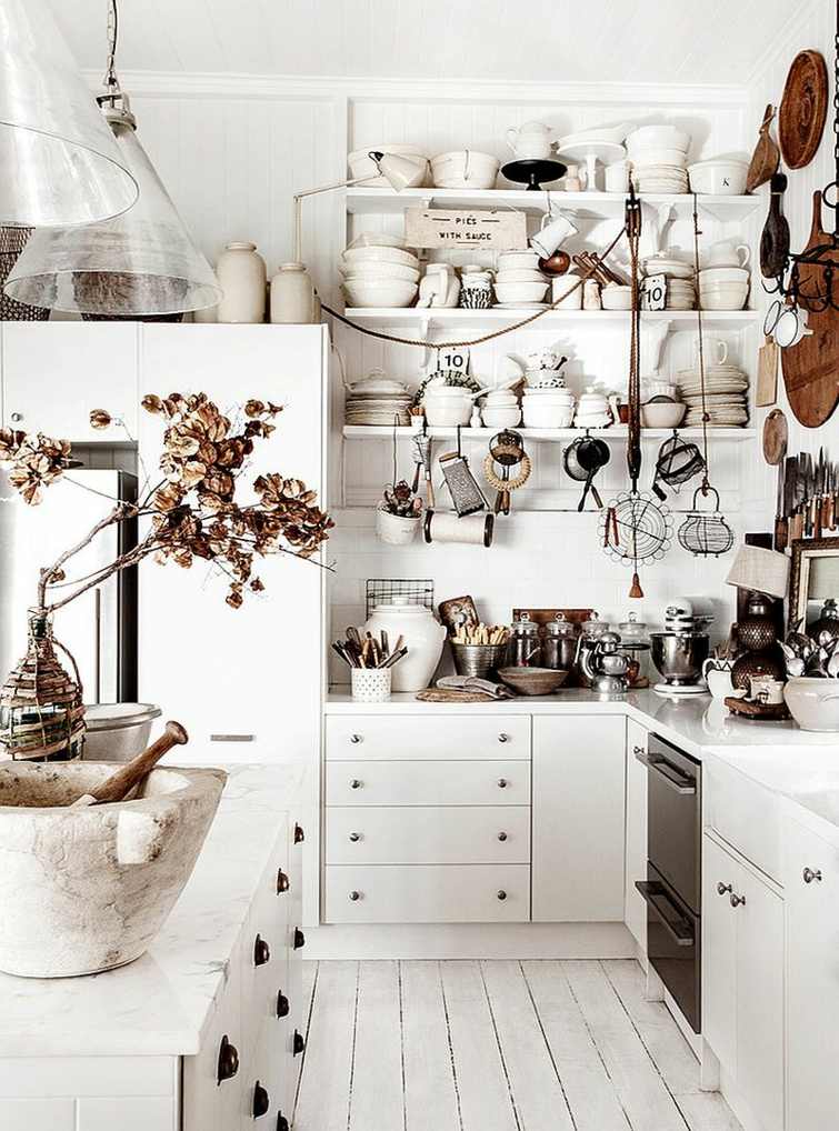 white kitchen open shelves