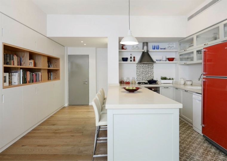 white kitchen cabinet red fridge wooden floor wood