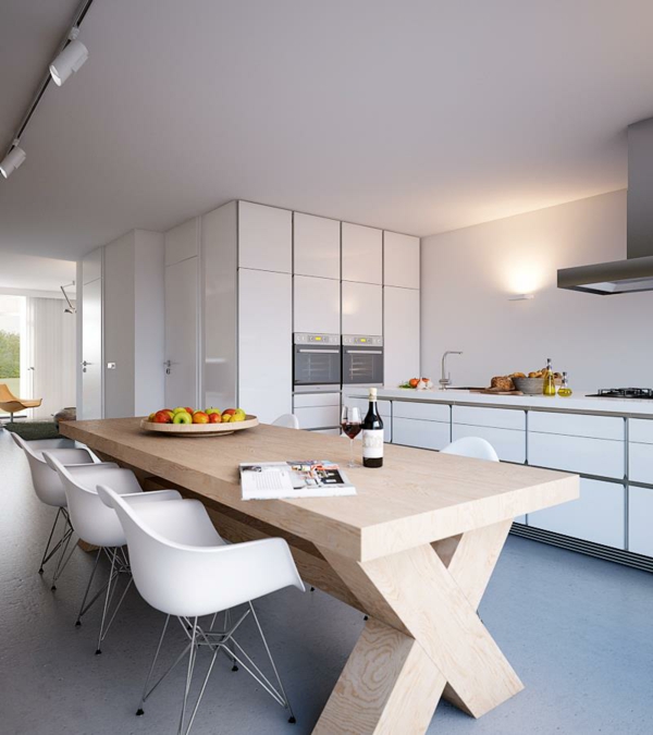 white kitchen large wooden table