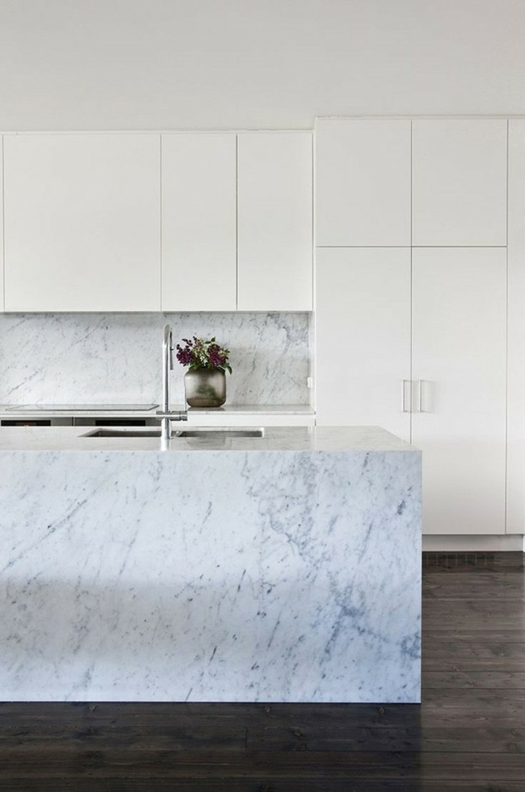 white kitchen marble island