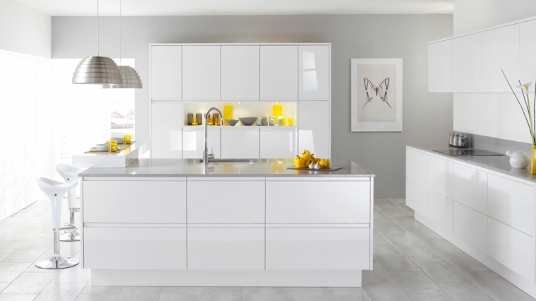 lacquered white kitchen yellow accents