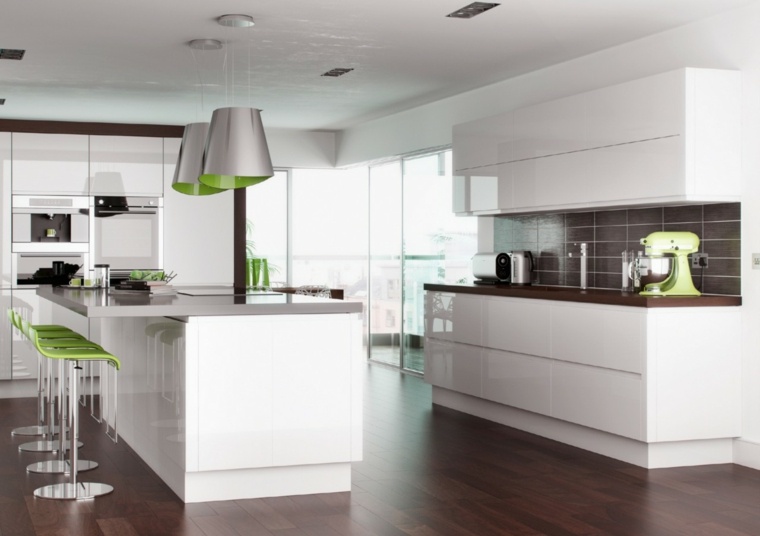 lacquered white kitchen green accents