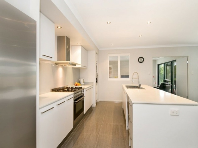 white kitchen lacquered wood floor