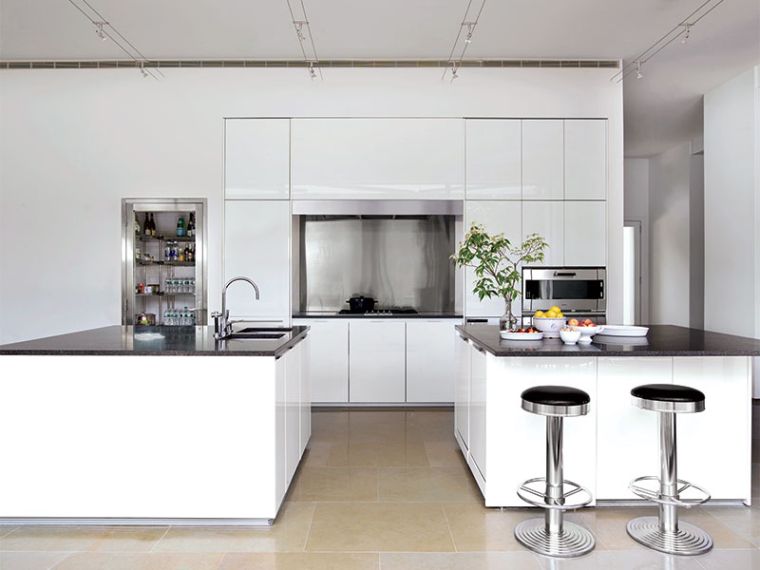 lacquered white kitchen island-bar-metal accents