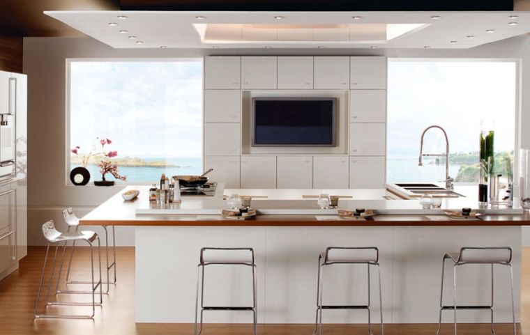 white kitchen worktop wood amenagement-island-central-chairs