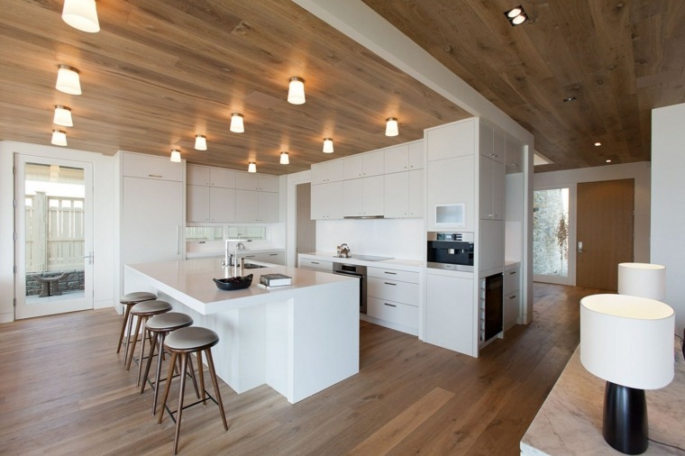 white kitchen floor wood ceiling