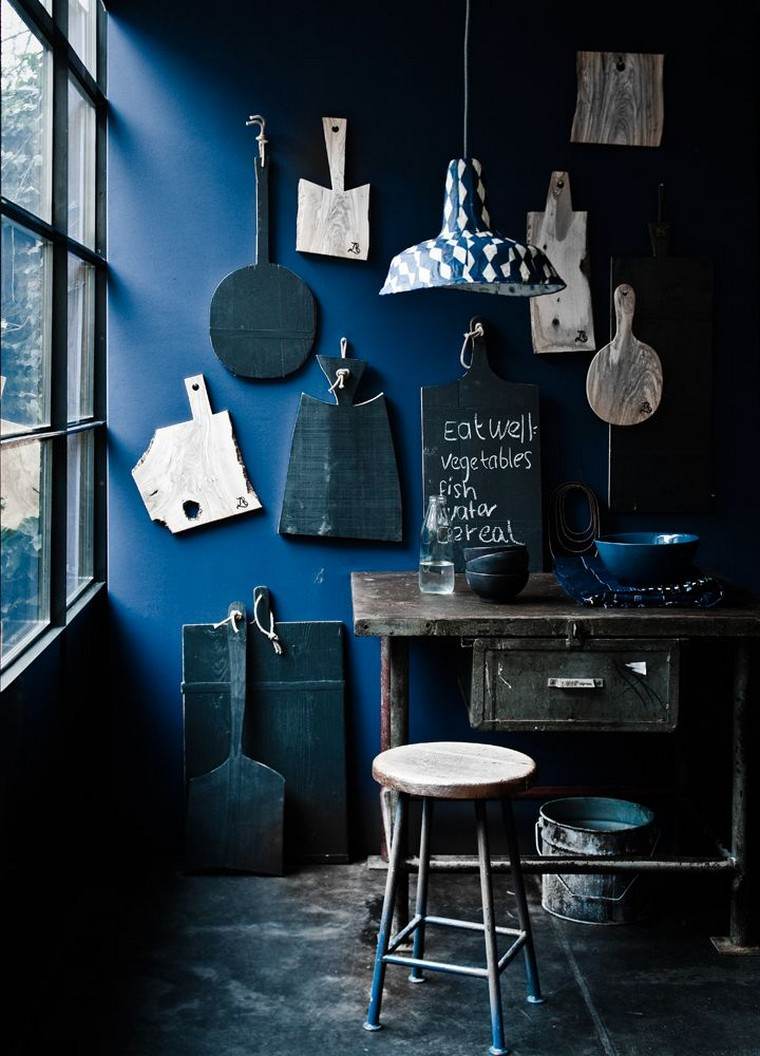 blue trend kitchen idea wall painting deco table wood stool wood