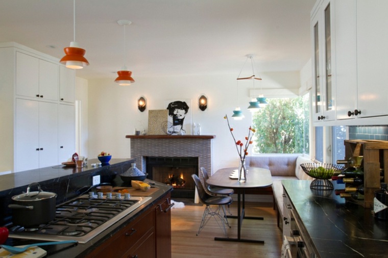 arrangement interior kitchen modern idea lighting fixture central island wood floor