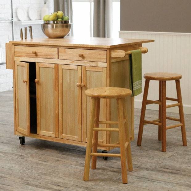 kitchen wood with an island and two stools