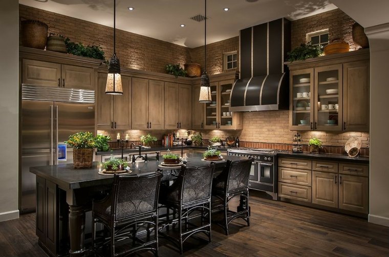 black kitchen and wood central island design pendant lighting design furniture wood deco