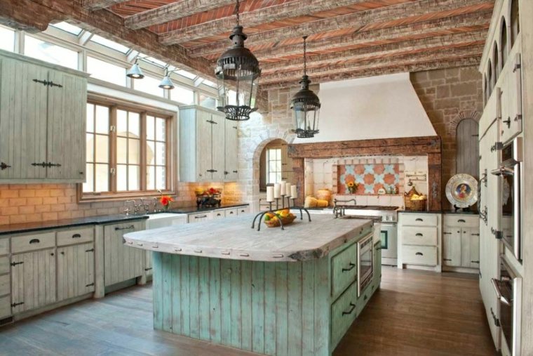 Country kitchen blue wood lighting