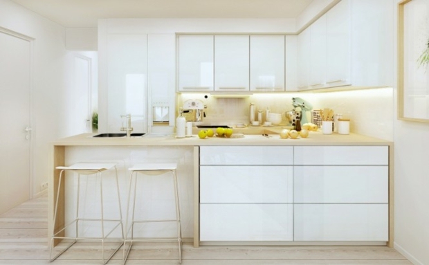 light white kitchen with parquet floor