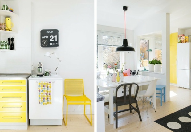 Bright yellow clear kitchen with black accents